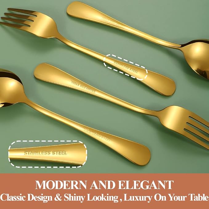 40 Pcs Gold Silverware Set for 8, Food Grade Stainless Steel Flatware Set, Eating Utensils Sets Include Fork/Knife/Spoon, Reusable Cutlery Set for Home Kitchen, Dishwasher Safe, Round Edge