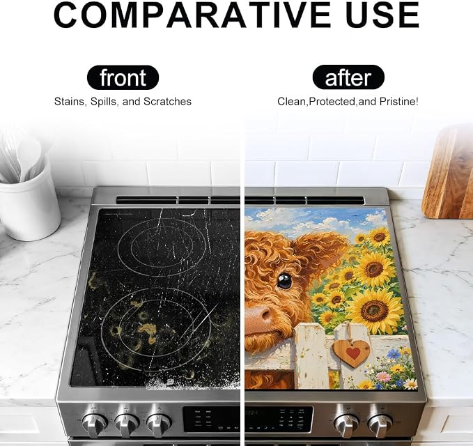 Highland Cow Stove Top Cover, Sunflower Farmhouse, 28x20 in | Baby highland cow over white fence in a sunflower field; non-slip mat; protects glass and electric cooktops; 28.4 x 20.5 in