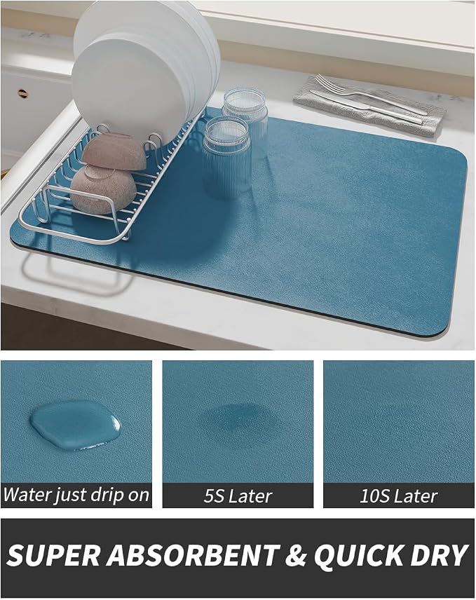 AMOAMI-Coffee Mat Hide Stain Rubber Backed Absorbent Dish Drying Mat for Kitchen Counter-Coffee Bar Accessories Fit Under Maker Machine Pot Espresso Machine Dish Rack Blue