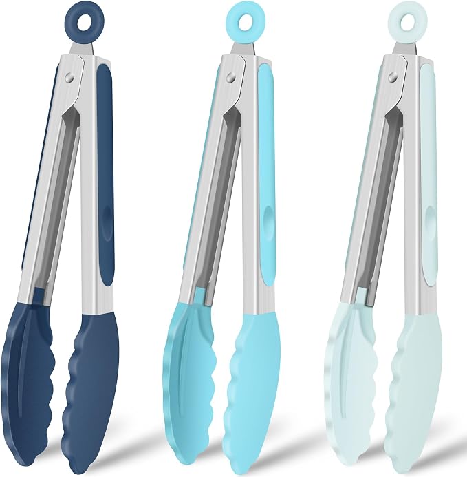 Hotec Silicone Serving Tongs for Cooking 9-Inch Kitchen Tongs with Silicone Tips, Set of 3 (Gradient Blue)
