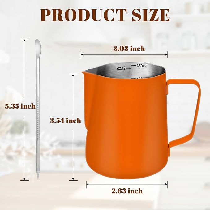 Amrules Milk Frothing Pitcher 12oz Frother Cup Barista Tools, Orange | 18/8 Stainless Steel, 12oz Capacity with Clear Scale, with Decorating Pen, Ergonomic Handle, for Cappuccino, Latte & Espresso