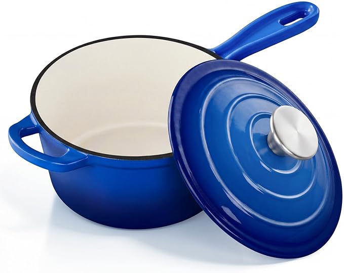 2 Quart Saucepan with Lid, Leonyo Enameled Cast Iron Dutch Oven Pot, Non Stick Small Cooking Pots Kitchen Induction Cookware for All Cooktops Cooking Pasta, Soup, Ramen - Up to 500°F, Dark Blue