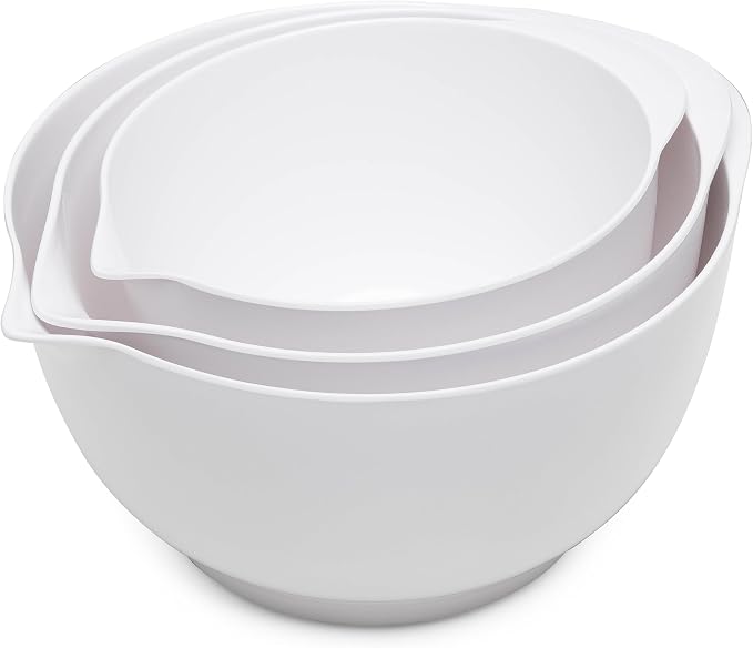 Nesting Mixing Bowls Set, 3 Piece Melamine Bowls Set, 2.5 quart, 3.5 quart, 4.5 quart, Non Slip Base with Easy Pour Spout, Kitchen Cooking and Baking Supplies, White
