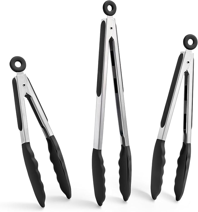Doosu Kitchen Tongs with Silicone Tips for Cooking Serving (3Pcs, Black) | 600°F Heat Resistant Food Tong, Heavy Duty Stainless Steel Locking Tong for BBQ, Grilling Steak, Salad, Toast, Pasta