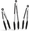 Doosu Kitchen Tongs with Silicone Tips for Cooking Serving (3Pcs, Black) | 600°F Heat Resistant Food Tong, Heavy Duty Stainless Steel Locking Tong for BBQ, Grilling Steak, Salad, Toast, Pasta