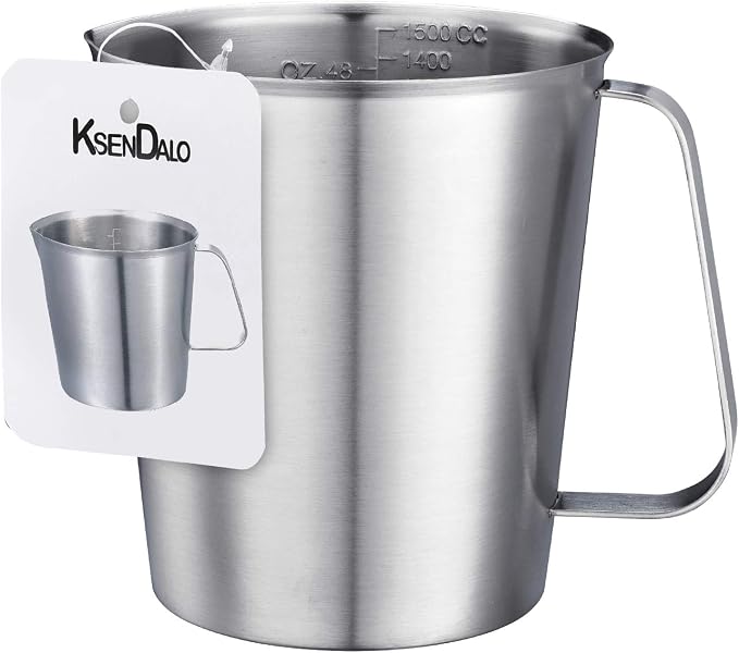 48Oz/6Cup Stainless Steel Pitcher (SUS304), 1.50 Liter Metal Container for Water, Milk, Liquid with Handle with Engraved Markings, Silver | SUS304 Metal Measuring Cup with Precision Engraved Markings, Mixing Pitcher for Baking, Frothing, Coffee, Milk a...
