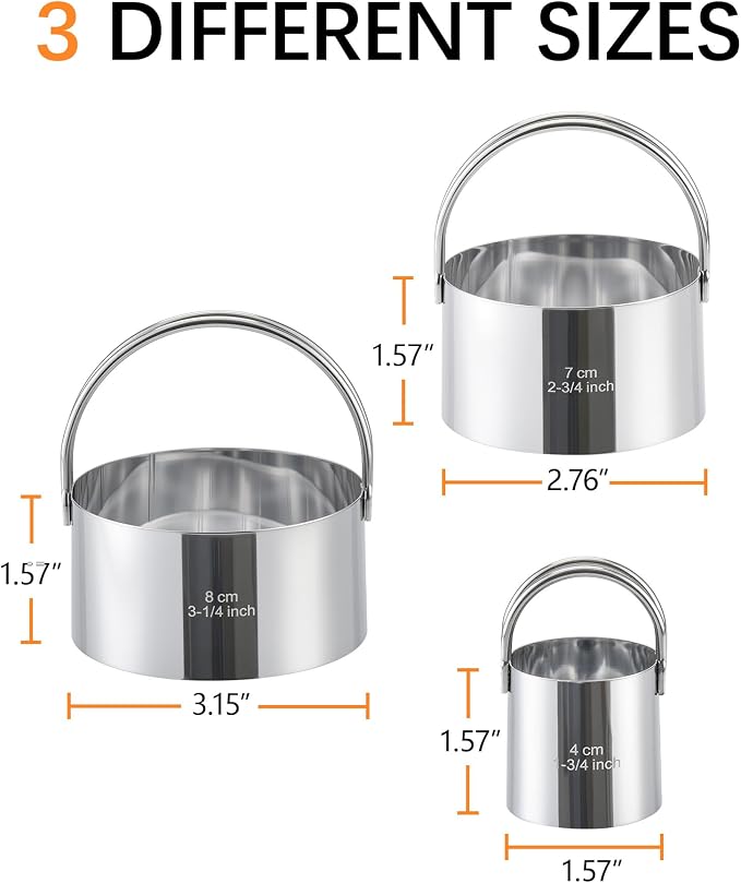 Biscuit Cutter Set with Handle, 3pcs Cookie Cutters | Pastry, Cakes, Donut Baking Tool, Stainless Steel, Dishwasher Safe, In/cm Markings, Ergonomic Arched Grip