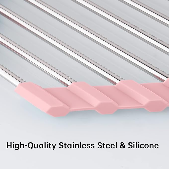 Tomorotec Triangle Foldable Dish Drying Rack, Small Roll-Up Stainless Steel Over Sink Drainer for Kitchen Sink Corner, Rustproof Multipurpose Organizer(Pink) | BPA-Free Food-Grade Silicone Edges Foldable Waterproof Rustproof Heavy-Duty Space Saver Heat...