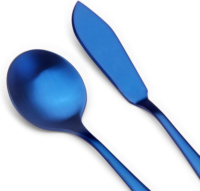 Matte Blue Serving Set, SHARECOOK 5-Piece 18/0 Stainless Steel Large Hostess Set with Round Edge, Satin Finished, Dishwasher Safe -Spoons, Forks,Butter Knife& Slotted Spoon