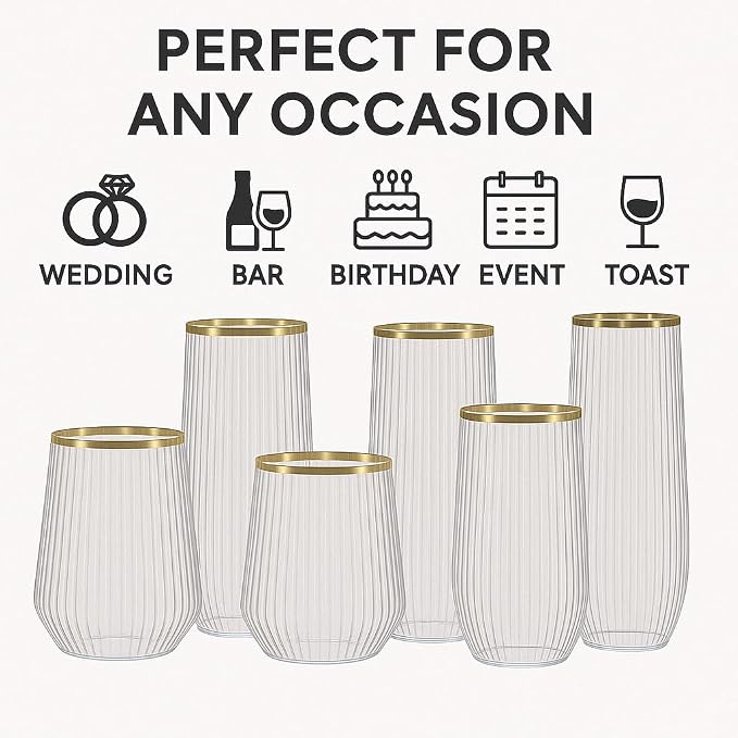 48 Pack Disposable Plastic Champagne Flutes & Wine Glasses - Stemless | 24 9oz Flutes, 24 12oz Cups, Gold Rim, Ribbed, BPA-Free, Shatterproof, Reusable, Recyclable, for Wedding Party Birthday