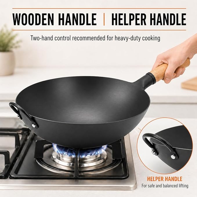 WANGYUANJI 14.2 Inch Round Bottom Carbon Steel Wok, Nitrided Iron Chinese Stir Fry Pan for Gas Wok Burner, Wok Ring Needed for Flat Gas Grates, Wooden Handle