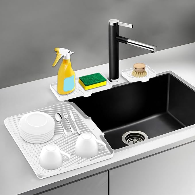 Silicone Dish Drying Mat for Kitchen counter | 15.8"x13" Dish Drainer Mat, Heat-Resistant Kitchen Counter Mat & Over-Sink Drying Tray, Can Be Hung, lvory-1Set