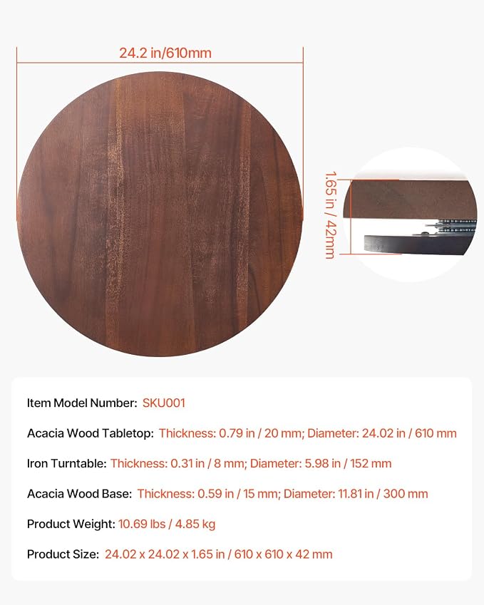 VEVOR 24 in Wood Lazy Susan Turntable, 360° Rotation Round Clear Tabletop Rotating Tray, Acacia Wood Dining Table Centerpiece, Smooth and Silent Spin, for Family Gatherings, Banquets and Weddings