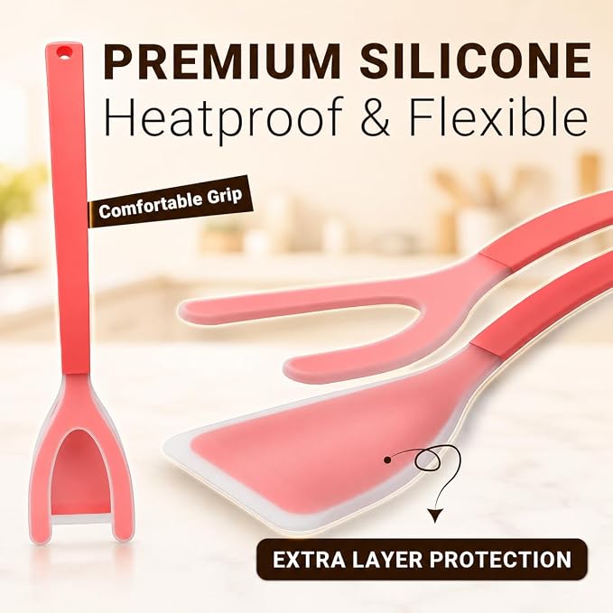 Silicone Egg Flipper Spatula Tongs (Set of 1) – Non-Stick 2-in-1 Grip & Flip Kitchen Tongs for Pancakes, Fish, Eggs, and More – Heat Resistant Cooking Tool (Red)