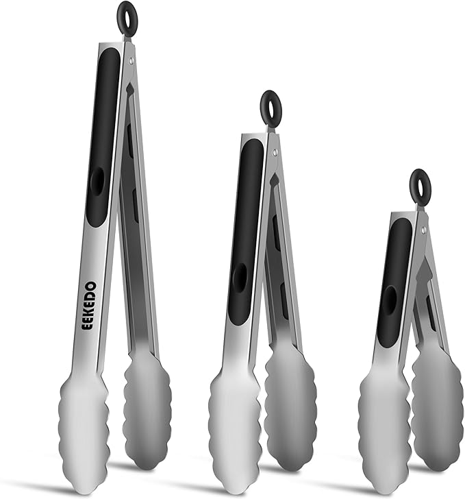 Metal Tongs for Cooking, Heat Resistant 600 Degrees - 7", 9" and 12" | Set of 3 Stainless Steel Kitchen Tongs with Silicone Handle, Locking Tongs for BBQ, Grilling, Serving, Salad, Dishwasher