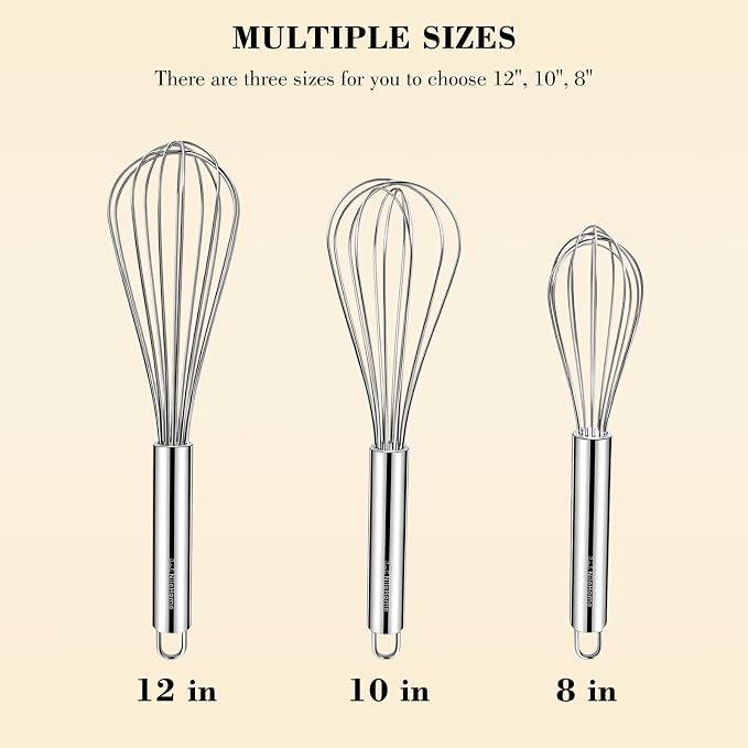 NileHome Stainless Steel Whisk Set 8" 10" 12" Kitchen Whisk Balloon Whisk Kitchen Wisk Wire Whisks for Cooking, Whisking, Blending, Beating, Stirring-3 Pack…
