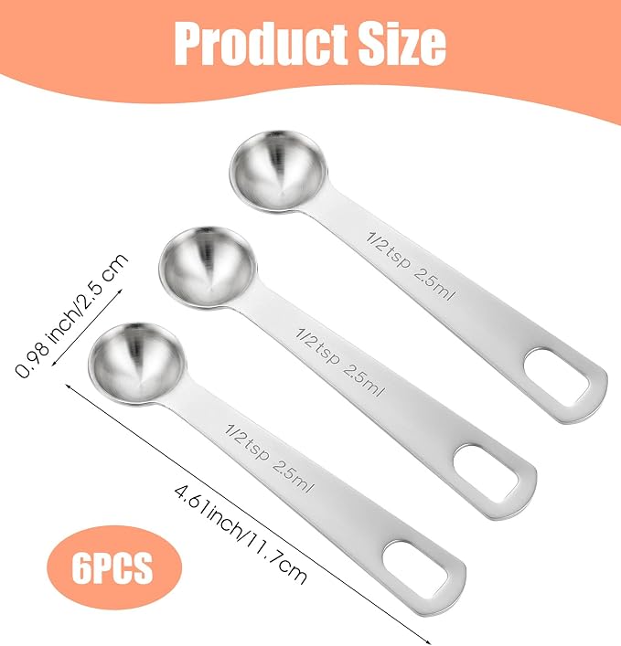 6 PCS 1/2 Teaspoon Measuring Spoon, 2.5ml Measurement for Cooking | 1/2 Teaspoon Scoop, Stainless Steel, Short Handle, For Cooking, For Baking, Silver, 4.53×0.98 Inches