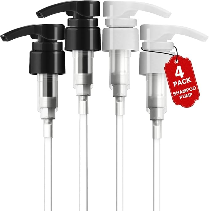 4pcs Shampoo Pump for 33.8 oz Bottle, Black & White Liter Shampoo Dispenser | Fits 1.1 inch Opening, Salon Bottles, Replacement Pump Top, For Shampoo and Conditioner, Hair Product, Body Wash, Lotion