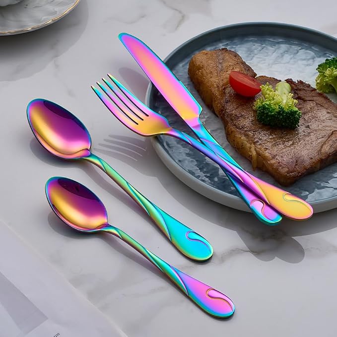 Rainbow Silverware Set, 30-Piece Stainless Steel, Service for 6 | Flatware set for 6 with dinner and salad forks, knives, spoons and teaspoons, dishwasher safe for parties and weddings