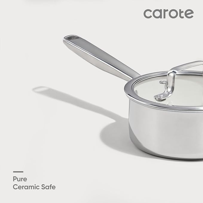 CAROTE 1.5Qt & 3Qt Stainless Steel Saucepan Set, Ceramic Pot Sets Non-Stick Non-Toxic Kitchen Cookware, Small Cooking Pots with Lids, Oven Safe, Induction Sauce Pan, Even Heating