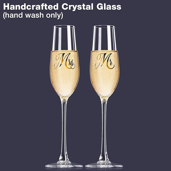 Mfacoy Mr. & Mrs. Champagne Flute Set, Wedding Decor - His and Hers, Wedding Toasting Glasses for Engagement Celebrations, Bridal Shower and Registry Idea, Tall Wine Glasses for Bride and Groom Gifts