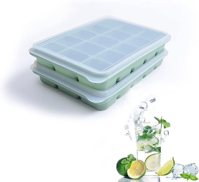 Tvmania Ice Cube Trays Set of 2, 15-Cube Silicone Molds with Removable Lids | Stackable, easy release, BPA-free, reusable, for freezer and whiskey