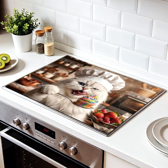 Funny Cat Stove Top Cover for Electric Stove, 28x20 In Glass Mat | Heat-resistant non-slip mat holds hot cookware; cooktop protector, dish drying; cute kitten cupcake cat lover kitchen decor