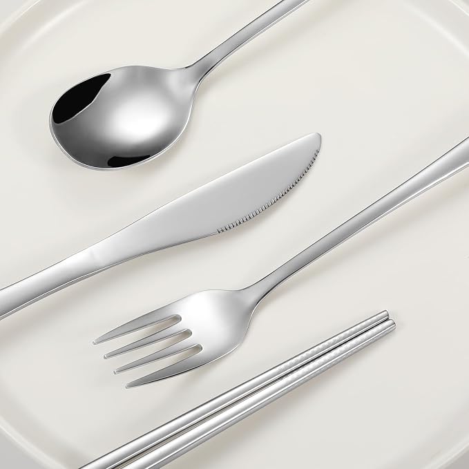 iNKULEER Travel cutlery set, 18/8 stainless steel cutlery, Reusable utensils set with case, Portable Silverware Lunch Box for Camping and Office-Stainless steel