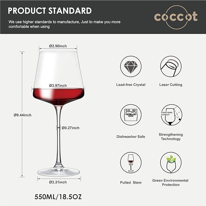 coccot Wine Glasses Set of 6,Crystal White Wine Glasses,Red Wine Glass Set, Wine Glasses Long stem,Clear Lead-Free Premium Blown Glassware (18.5oz,6 pack)