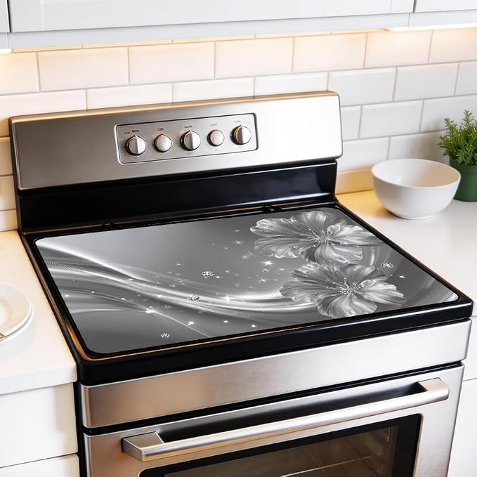 Silver Flower Stove Top Cover 28x20 Inch Decorative Glass Stove Cover | Heat Resistant Cooktop Protector Mat with Non-Slip Backing, Scratch Protection and Countertop Drying Mat.