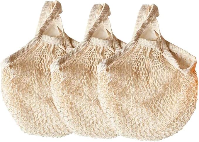 Ahyuan Reusable Cotton Mesh Grocery Bags Cotton String Bag Net Shopping Mesh Bags Pack of 3 (Beige)