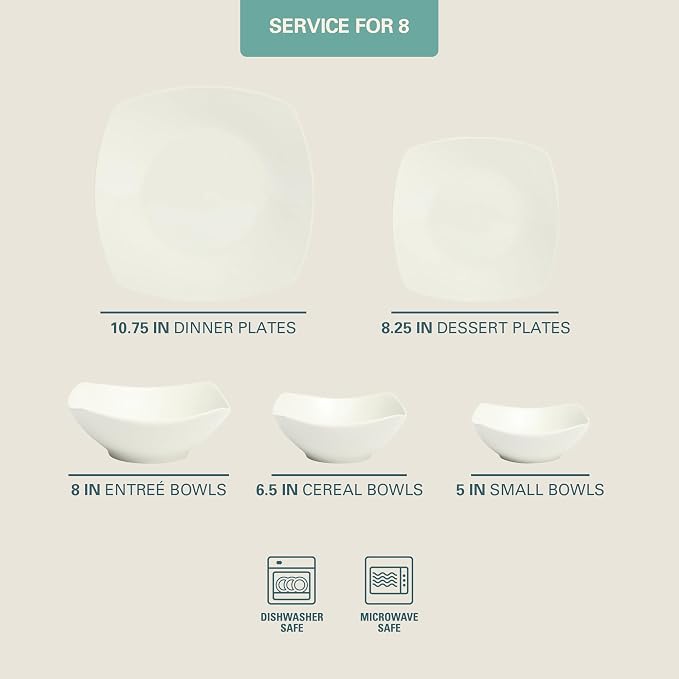 Gibson Home Brentwood 40-Piece Dinnerware Set – Square White Porcelain Plates and Bowls, Service for 8, Dishwasher & Microwave Safe, Modern Everyday Dinner Set with Cereal, Dessert, and Entrée Bowls