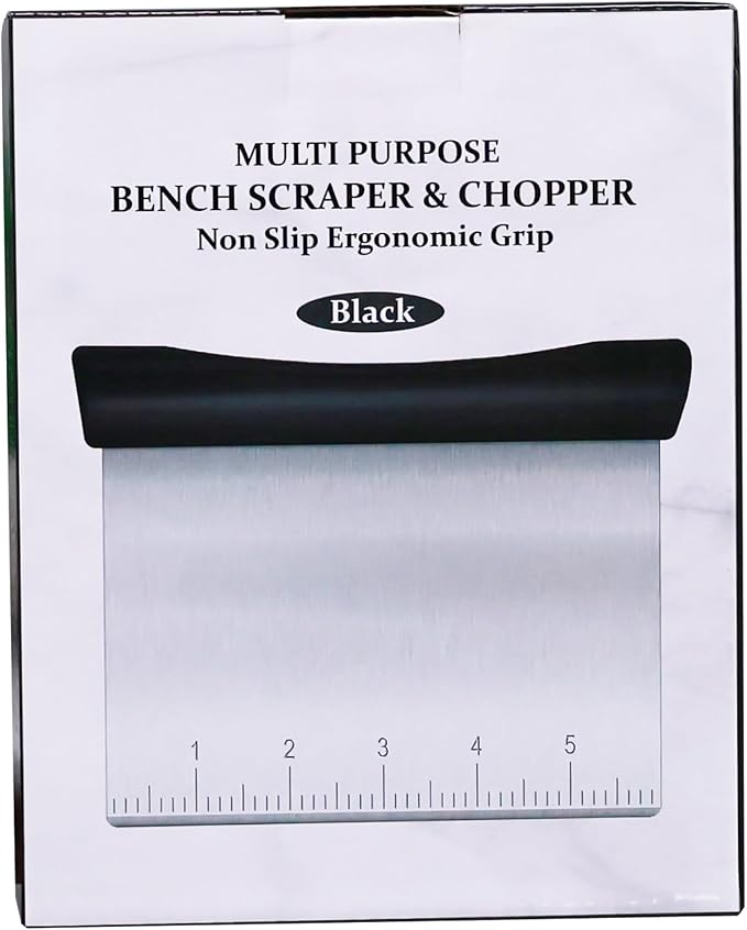 Rainspire Bench Scraper, Stainless Steel Dough Scraper, Pastry Scraper, Pizza and Dough Cutter Multi-Purpose Scraper/Chopper, Pizza Cutter Food Chopper Baking Supplies Kitchen Gadgets, Black | Dishwasher Safe Measurement Marks Non-slip Comfortable Hand...