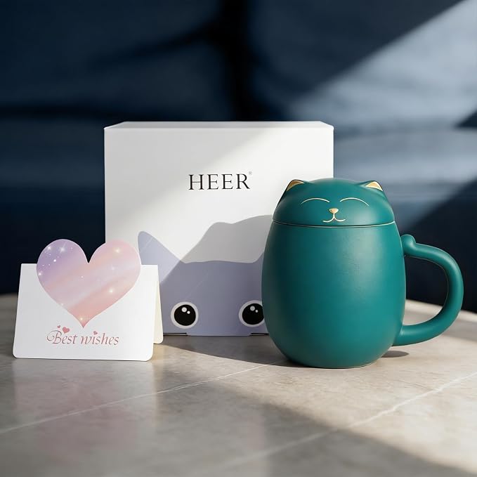 HEER Cat Ceramic Tea Mug 13.5oz with Infuser and Lid, Green | Cat Lover & Cat Mom Birthday Gift for Women, Perfect for Loose Leaf Tea, Tea Strainer Cup for Home & Office Use
