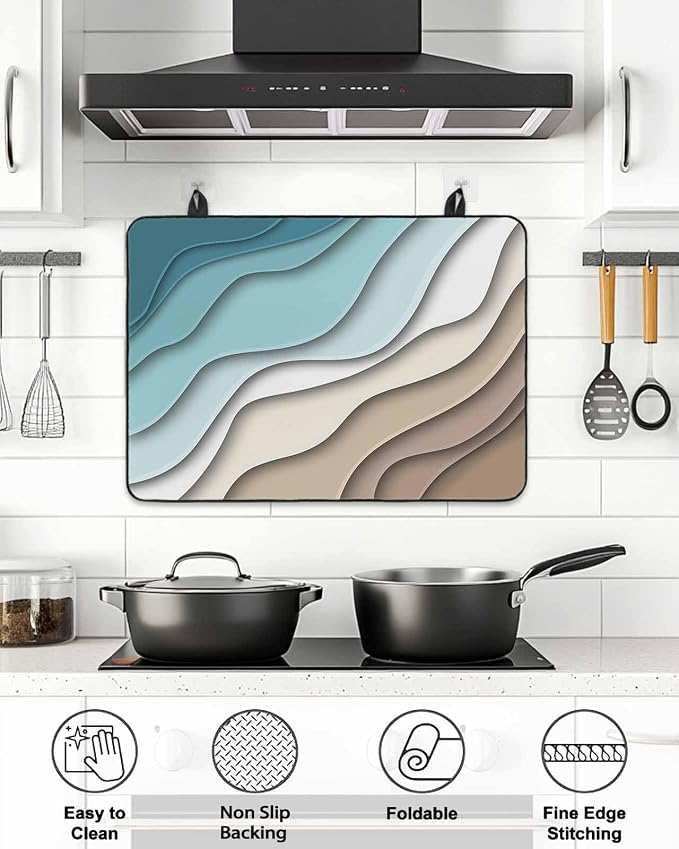 Stove Top Covers for Electric Stove 28.5x20.5 Inches,Teal Brown Ombre Cream HeatResistant Glass Cooktop Protector,Modern Geometric Sea Waves Abstract Ceramic Stovetop Countertop Covers Mat,Oven Cover