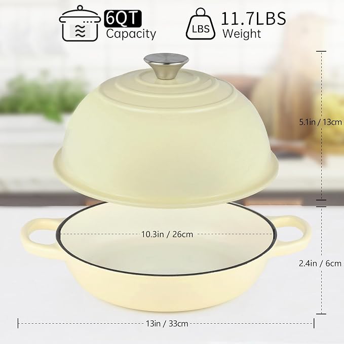 Enameled Cast Iron Bread Oven Dutch Oven Pot with Lid Beige | Bread Dutch Oven for Sourdough Bread Baking, 6 Quarts 10" Bread Pan with Dome Lid, Non-stick Cookware for Homemade Bread