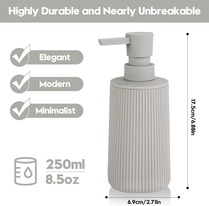 YAUKPH Small Soap Dispenser for Bathroom and Kitchen Matte Beige | Modern Farmhouse Striped Style Plastic Hand Soap Dish Soap Dispenser with Pump