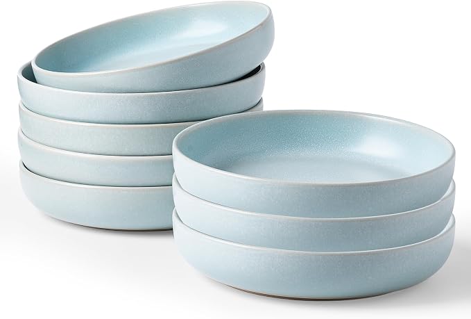 famiware Milkyway 33 oz Pasta Bowls Set of 8, Light Blue | Double Reactive Glaze, Scratch-Resistant Stoneware Salad Bowls, Stackable, Dishwasher & Microwave Safe, Lead-Free