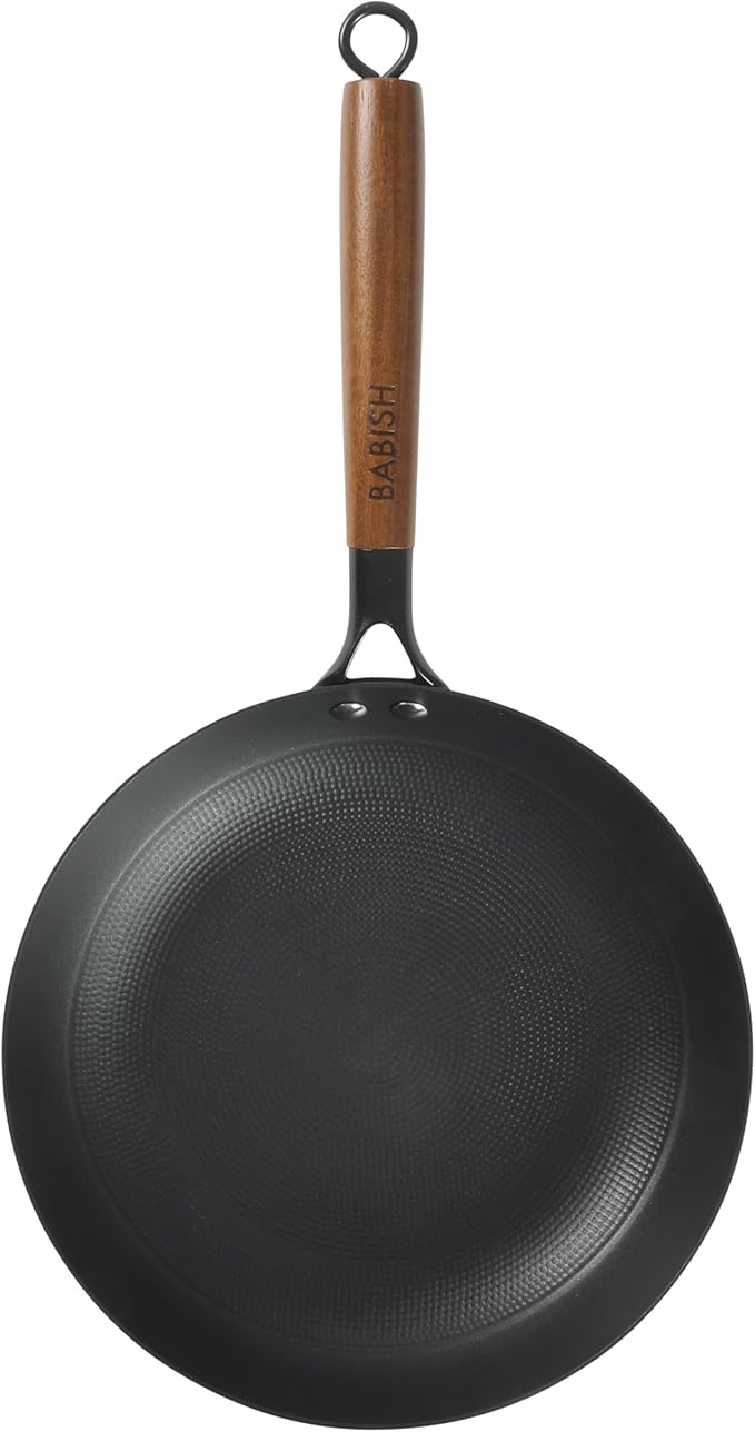 Babish 11 Inch Cast Iron Skillet with Wooden Handle, Pre-Seasoned Nonstick Pan with Honeycomb Textured Cooking Surface, Induction Oven Safe Skillet for Searing, Frying Eggs, Steak and Stir Fry