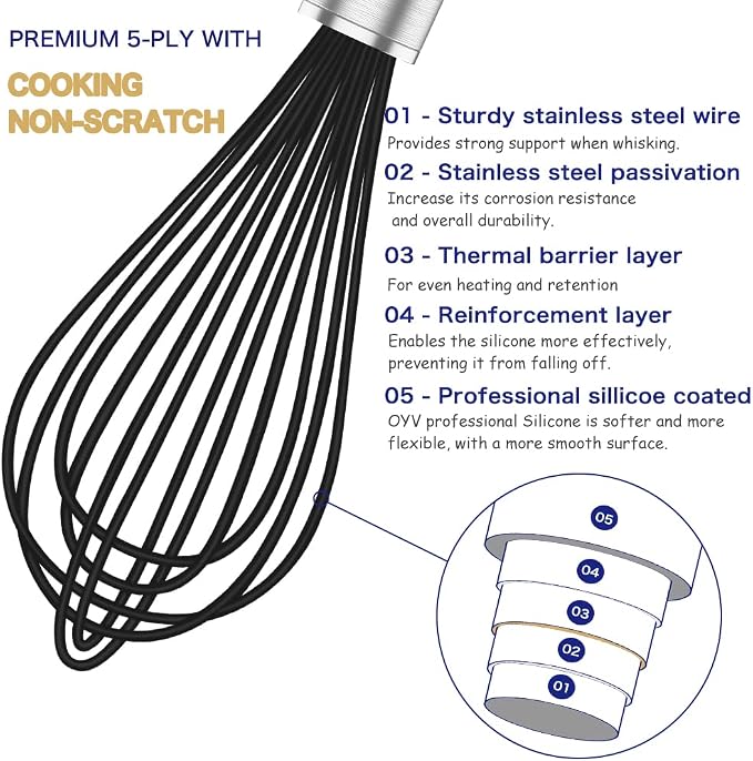 OYV Black Silicone Whisk Set of 3, 8/10/12 Inch, Non-Scratch | BPA-Free Silicone, Heat Resistant Up to 480°F, Stainless Steel Core, Dishwasher Safe, Nonstick-Safe