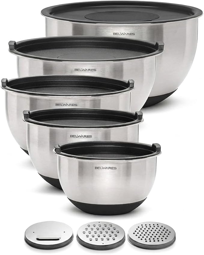 Belwares Mixing Bowls with Lids Set of 5 and 3 Graters, Stainless Steel | Non-Slip Silicone Base, Nesting Bowls Space-Saving for Baking, Food Prep, Storage, Dishwasher Safe, Airtight Lids, Black