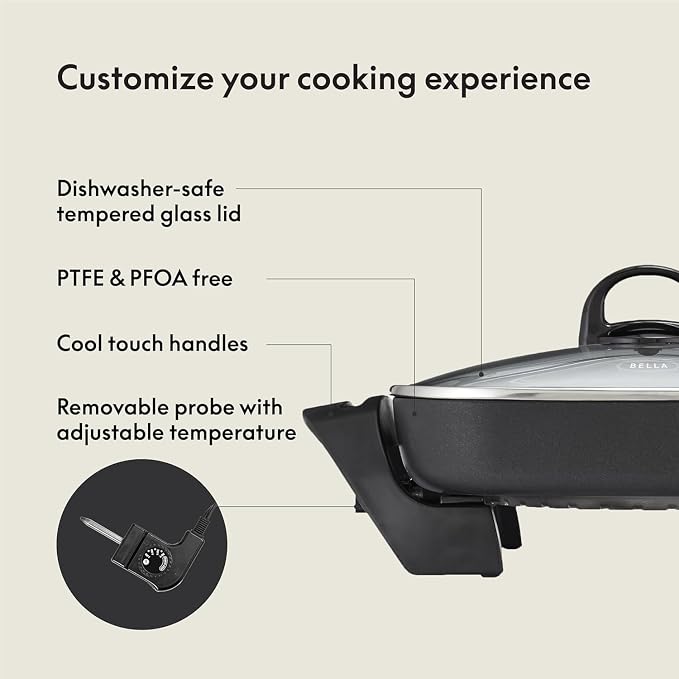 bella Electric Skillet and Frying Pan with Glass Lid, Nonstick Coating, Cool Touch Handles, Removable Heating Probe, Dishwasher Safe, 12 x 12 inch, Copper