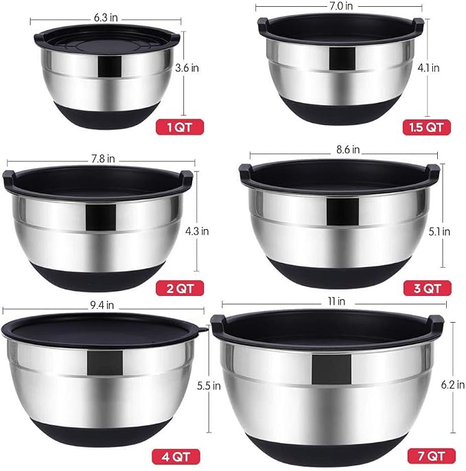 Rottay 20PCS Stainless Steel Mixing Bowls with Airtight Lids Set | Includes 3 Grater Attachments and Non-Slip Bottoms with Size 7, 4, 3, 2, 1.5, 1QT Nesting Bowls for Baking, Meal Prep