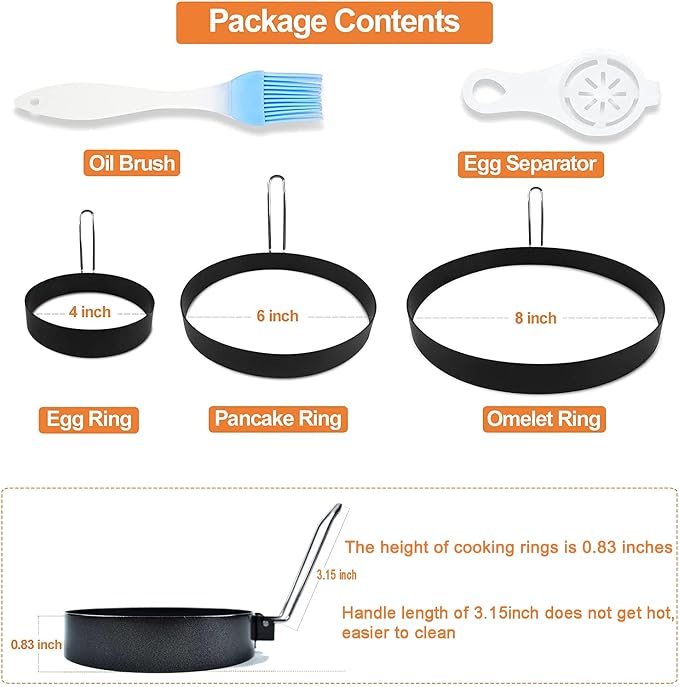 4 Inch Stainless Steel Egg Ring, 6 Inch Non Stick Pancake Ring, 8 Inch Omelet Ring, 3 Pack Egg Poacher Fried Round Egg Cooker Maker Mold for English Muffins with Oil Brush and Egg Separator
