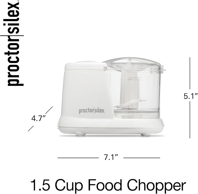 Proctor Silex Durable Electric Vegetable Chopper & Mini Food Processor | 1.5 Cup Bowl | Pulse Speed Control For Chopping, Puree & Emulsify | Stainless Steel Blades | Dishwasher Safe | White | 72500J