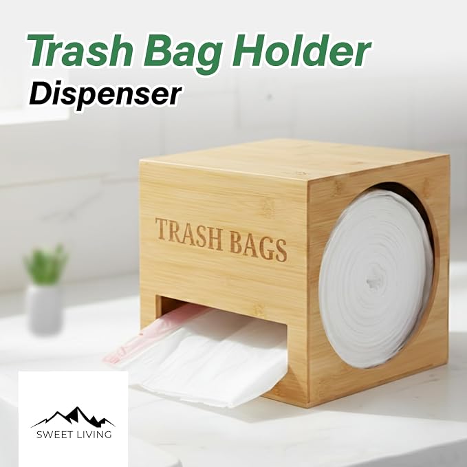 Trash bag holder dispenser | Bamboo garbage bag holder dispenser for Under Sink Storage | Wall Mount trash bag holder | Portable Hanging Organizer for Kitchen & Utility Use