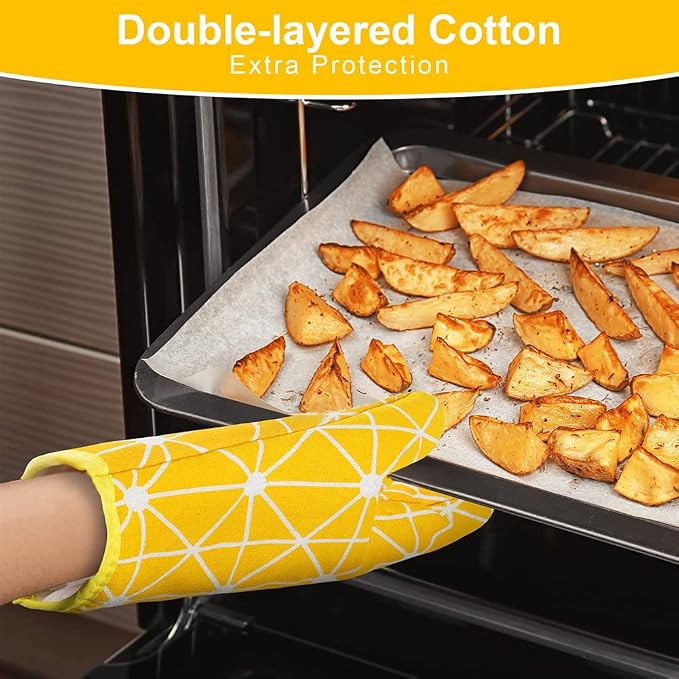 AUAUY Oven Mitts and Potholders BBQ Gloves-Oven Mitts and Pot Holders with Recycled Infill Silicone Non-Slip Cooking Gloves for Cooking Baking Grilling (6-Piece Set,Yellow) | Cooking Gloves and Hot Pads Baking Mittens BBQ Gloves, Top Kitchen Gadgets, N...