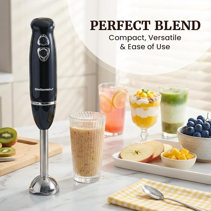 Elite Gourmet EHB1015 Immersion Hand Blender, 500W, 2-Speed, Black | Stainless steel blades, detachable wand stick mixer - great for smoothies, baby food, and soup