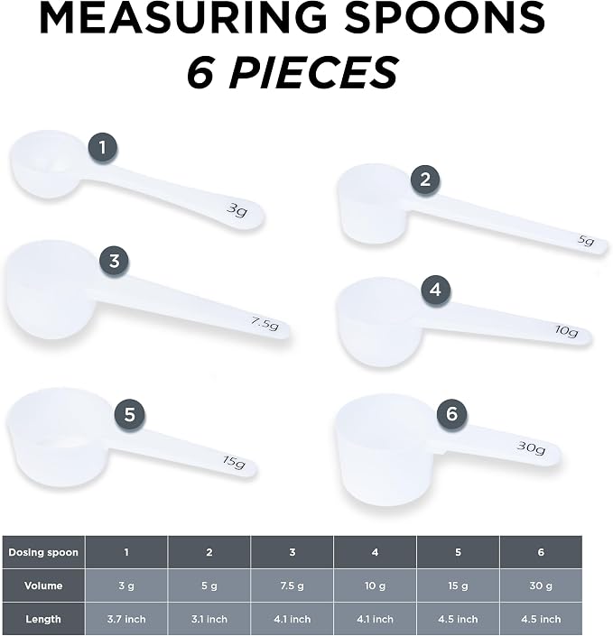 Measure spoons | measuring spoons set of 6 | exact dosing 3 gram scoop, 5 gram scoop, 7,5g, 10g, 15g, 30g | kitchen measuring set for powder and liquids | plastic medicine spoon and cups