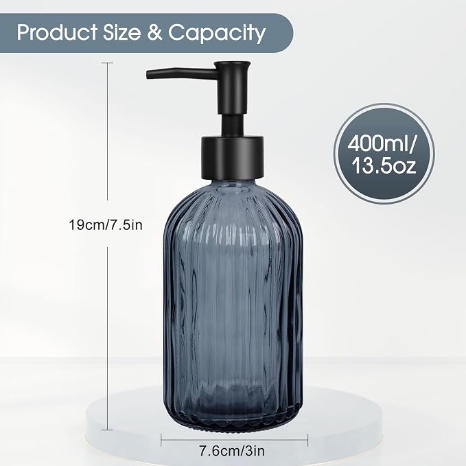 Topsky Stripe Glass Soap Dispenser with Black Plastic Pump, 400ml Liquid Hand Soap Dispenser, Rustproof Pump for Kitchen & Bathroom, Great for Lotions, Essential Oil, Liquid Soaps- (Grayish Blue)